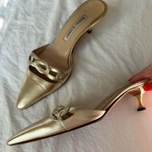 Manolo Blahnik gold leather kitten heel mules